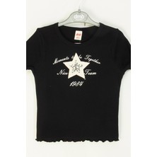 Ribanalı Kısa Kollu Taş Detaylı Yıldız Baskı Esnek Rahat Kumaş Kız Çocuk Body