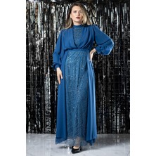 Işleme Detaylı Şifon Abiye Elbise Indigo FHM954