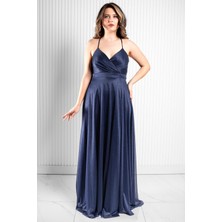 Simli Tül Abiye Elbise Lacivert MDV366