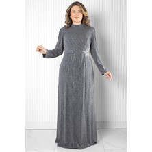 Taş Baskı Detaylı Abiye Gri MDA2522