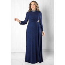 Taş Baskı Detay Simli Abiye Lacivert MDA2523