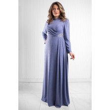 Taş Baskı Detay Simli Abiye Indigo MDA2523