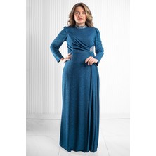 Taş Baskı Detay Simli Abiye Petrol MDA2523