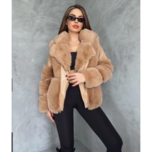 Camel Kapşonlu Kısa Kürk Kaban