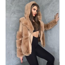 Camel Kapşonlu Kısa Kürk Kaban