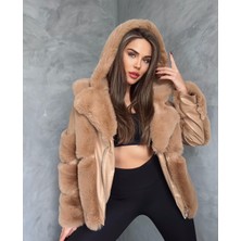 Camel Kapşonlu Kısa Kürk Kaban
