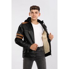 Veform Erkek Çocuk Içi Kürklü Kapişonlu Su Geçirmez Suni Deri Mont AVM097VF Siyah/kahve