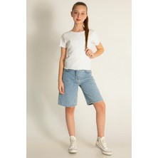 Yüksek Bel Denim Bermuda Kot Rahat Kalıp Cepli Kız Çocuk Şort
