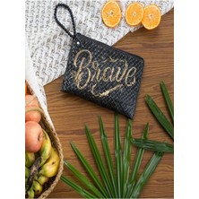 Quote Clutch: Brave In Black El Yapımı Organik Hasır Clutch