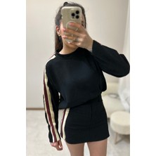 Siyah Çizgi Desenli Kadın Şort Etek Bluz Takım