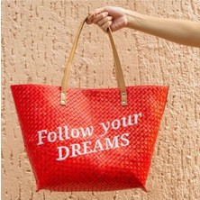 Follow Your Dreams Tote El Yapımı Hasır Plaj Çantası