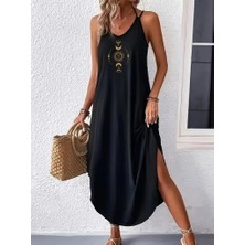 Kadın Askılı V Yakalı Desenli Uzun Viskon Elbise