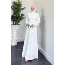 Merven Akyüz Anna Boynu ve Kolu Baget Taş İşlemeli Abiye Beyaz(KEMERSİZ)