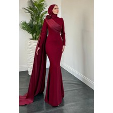 Castilya Pelerinli Omzu Gül Abiye Bordo