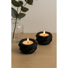 Siyah Geometrik Tealight Mumluk Seti | Modern ve Minimal Tasarım (2'li Set)