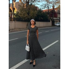 Gökyüzü Moda Kadın Kısa Kollu Bisiklet Yaka Puantiyeli Maksi Örme Krep Elbise