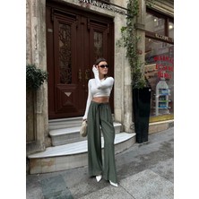 Haki Beli Lastikli Çilek Kumaş Kadın Pantolon