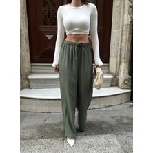 Haki Beli Lastikli Çilek Kumaş Kadın Pantolon