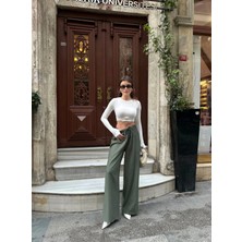 Haki Beli Lastikli Çilek Kumaş Kadın Pantolon