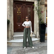 Haki Beli Lastikli Çilek Kumaş Kadın Pantolon