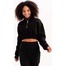 Crop Dik Yaka Yarı Fermuarlı Şardonlu Kadın Sweatshirt Vibe Siyah