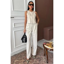 Gökyüzü Moda Yelek Plazzo Pantolon Çizgili Flamlı Poliviscon Takım 10178