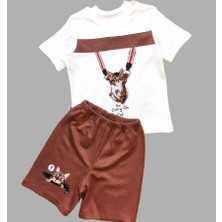 Kent Moda 1-2-3 Yaş Fermuarlı Kedi Baskılı Şortlu Kısa Kollu Tişört 2li Erkek Bebek Takımı Kahverengi