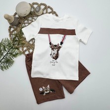 Kent Moda 1-2-3 Yaş Fermuarlı Kedi Baskılı Şortlu Kısa Kollu Tişört 2li Erkek Bebek Takımı Kahverengi
