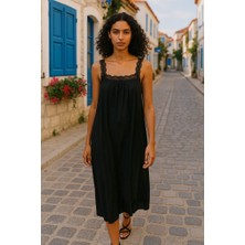 AKN Butik Kadın Dantel Askılı Kare Yakalı Uzun Viskon Elbise