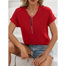 Ag Shoppings Kadın Kısa Kollu V Yaka Fermuarlı Salaş Sandy Bluz