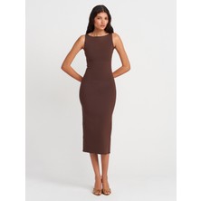 91099 Vücuda Oturan Midi Elbise-Kahve