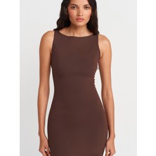 91099 Vücuda Oturan Midi Elbise-Kahve