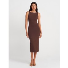 91099 Vücuda Oturan Midi Elbise-Kahve