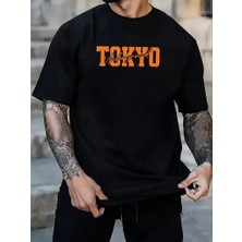 Erkek Turuncu Spor Araba Grafik Tişört - "tokyo" Baskılı Günlük Oversize Kısa Kollu Tişört, Yetişkinler Için Yazlık Giyim, Turuncu Araba Tasarımı- Siyah