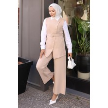 Kemerli Yelek Pantolon Takım Bej 19250
