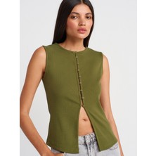 31701 Düğme Detaylı Kolsuz Top-Haki