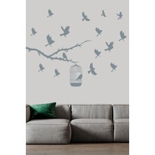 trc trafik Kafesten Kaçan Kuşlar Dekoretif Duvar Sticker Gri (13 Figür)