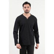 Erkek V Yaka Düğme Detaylı Dokulu Sweatshirt Siyah - 5524
