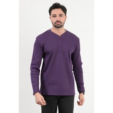 Erkek V Yaka Düğme Detaylı Dokulu Sweatshirt Mor - 5524