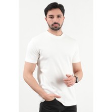 Erkek Bisiklet Yaka Süs Etiketli Pamuklu T-Shirt Beyaz - 2915-1