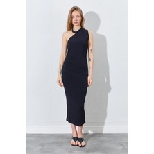 Kadın Siyah Tek Omuz Yanı Drapeli Sandy Elbise