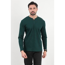 Erkek V Yaka Düğme Detaylı Dokulu Sweatshirt Koyu Yeşil - 5524