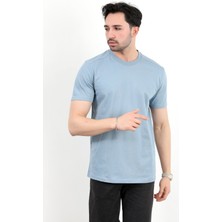 Erkek Bisiklet Yaka %100 Pamuklu Basic T-Shirt Mavi - 2912