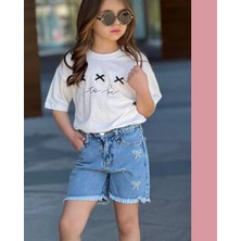 Cg Kids To Be Baskılı Nakışlı Kurdele Fiyonk Etek Görünümlü Kot Şort Taşlı Fiyonk Kız Çocuk Alt Üst Takım
