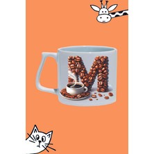 M Harf Kahve Desen Tasarım Baskılı Beyaz Lüks Sap Kupa Bardak