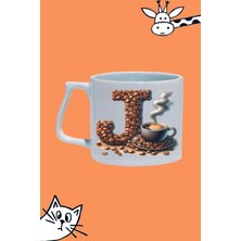 J Harf Kahve Desen Tasarım Baskılı Beyaz Lüks Sap Kupa Bardak