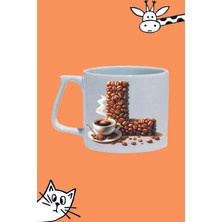 L Harf Kahve Desen Tasarım Baskılı Beyaz Lüks Sap Kupa Bardak