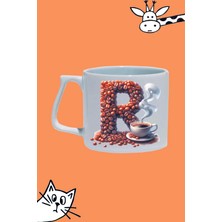 R Harf Kahve Desen Tasarım Baskılı Beyaz Lüks Sap Kupa Bardak