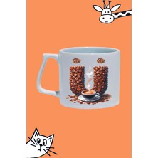 Ü Harf Kahve Desen Tasarım Baskılı Beyaz Lüks Sap Kupa Bardak