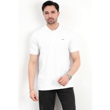 Erkek Polo Yaka Marka Baskılı Pamuklu T-Shirt Beyaz - 25Y 2061